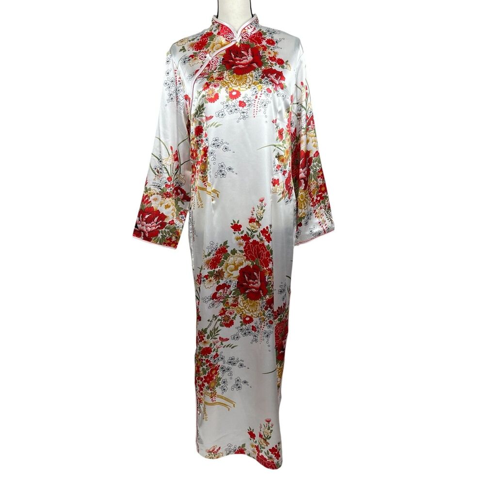 Laogudai Women's Satin Robe 4XL Floral White Red Long Sleeve Traditional Dress